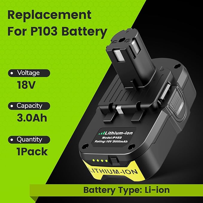 2 Packs P103 18V 3000mAh Lithium Battery Compatible with Ryobi 18V Cordless Power Tools