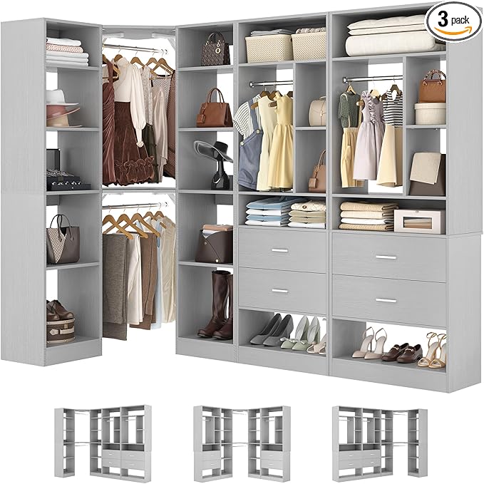 Large Corner Closet System with 3 Sets, 87.2" Closet Organizer System with 4 Drawers & 4 Hanging Rods, Reversible L Shaped Walk-in Closets, Load 2000+LBS, Grey (87.2" L x 39.2" W x 80" H)