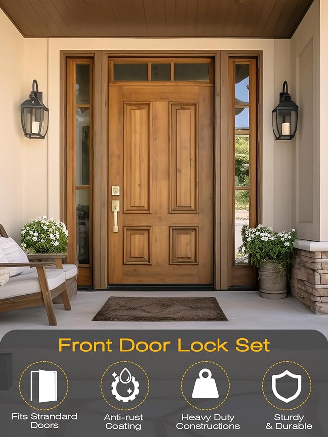 1 Set Entry Door Handle and Single Cylinder Deadbolt Lock and Key, Brass Front Door Lock - Heavy Duty Square Locking Lever Set - Exterior Door Handle in Satin Brass Finish