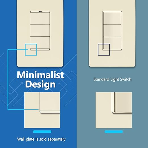 LIDER Minimalist Design Matte Finish Lighted Triple Switch, Combination Frameless Decorator Switch with Locator Light, Ground Terminal, Single Pole, 15A 120-277V, UL Listed, LCS3-1P-LA, Light Almond