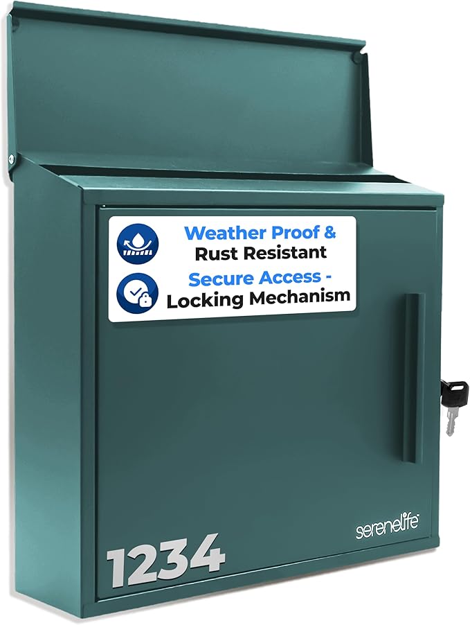 SereneLife Outdoor Wall Mailbox | 0.46 Cubic FT Locking Mailbox | Easy Installation, Secure Lock Mechanism | Ideal for Residential or Commercial Use | Wall Mountable 13.77" x 4.52" x 12.99 | Green