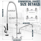 Commercial Faucet with Sprayer, 43 Inch Height Commercial Sink Faucet Wall Mount with 8" Adjustable Center and 12" Add-on Swing Spout & Pull Down Pre Rinse Sprayer