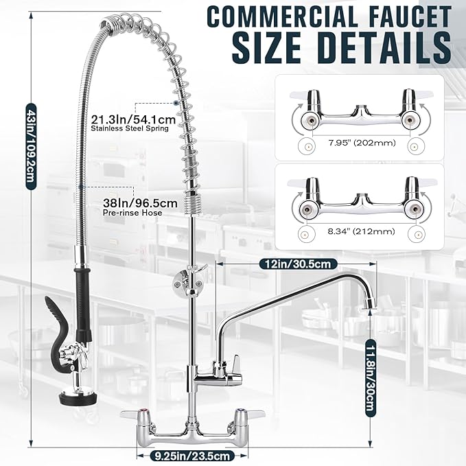 Commercial Faucet with Sprayer, 43 Inch Height Commercial Sink Faucet Wall Mount with 8" Adjustable Center and 12" Add-on Swing Spout & Pull Down Pre Rinse Sprayer