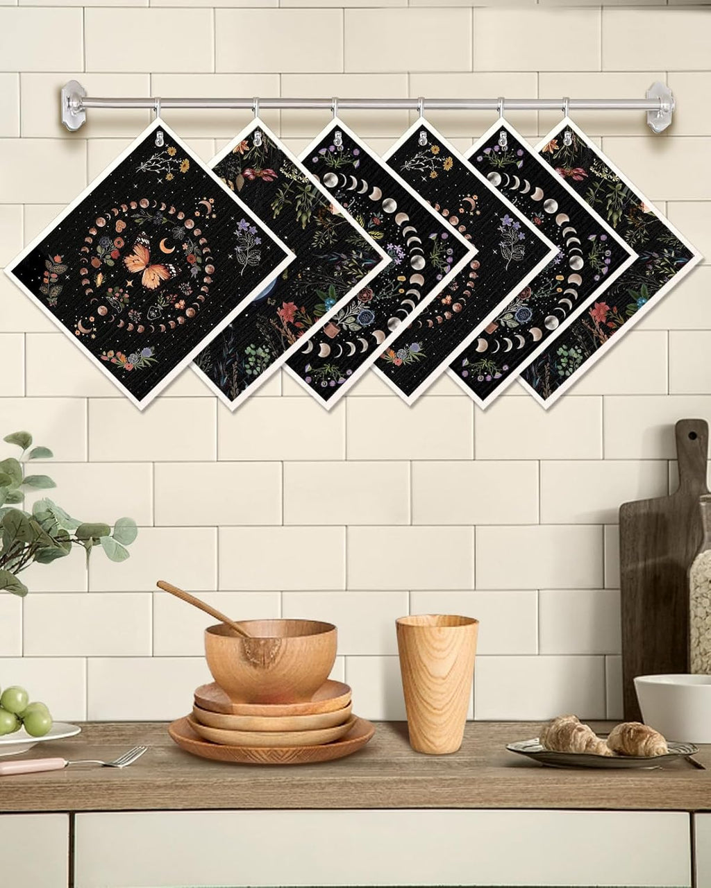 6 Pack Swedish Dishcloths for Kitchen - Reusable Dish Cloths for Washing Dishes Absorbent Cute Funny Kitchen Towels Cleaning Sponge, Moon Butterfly