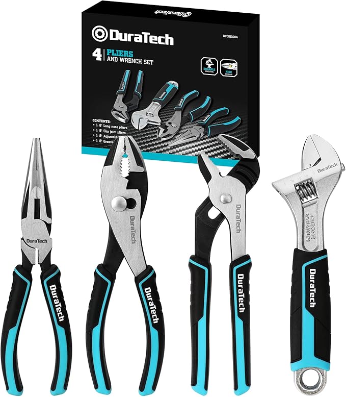 DURATECH 4-Piece Pliers Set - 8" Long Nose, Slip Joint, Groove Joint Pliers & Adjustable Wrench for Home Use