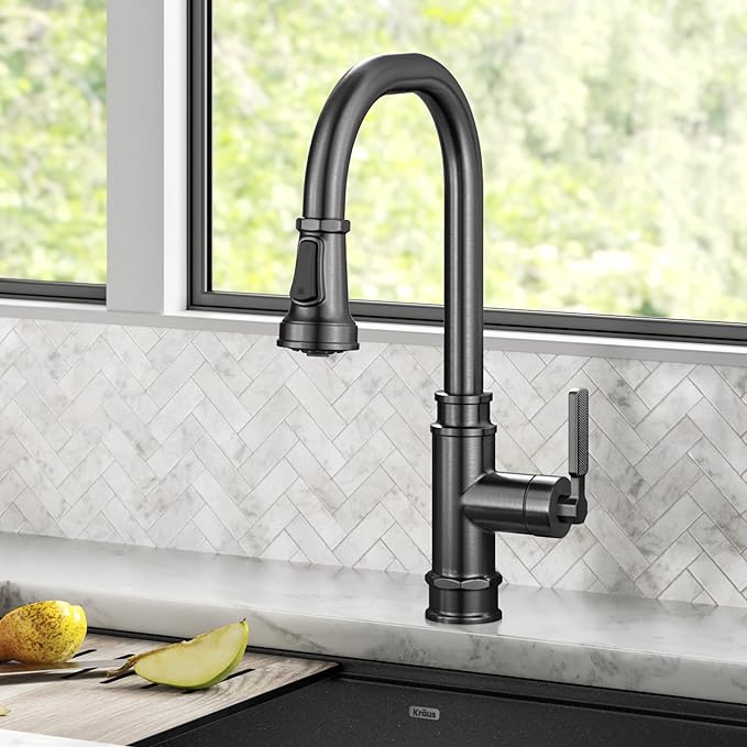 KRAUS Allyn Transitional Industrial Pull-Down Single Handle Kitchen Faucet in Spot-Free Black Stainless Steel