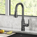 KRAUS Allyn Transitional Industrial Pull-Down Single Handle Kitchen Faucet in Spot-Free Black Stainless Steel