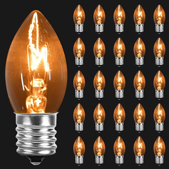 25 Pack Clear Christmas Lights C7 Incandescent Replacement Bulbs, C7 Vintage Christmas Lights Outdoor 5 Watts Night Light Bulbs Fits in C7/E12 Base for Indoor and Outdoor Home Party Decorations