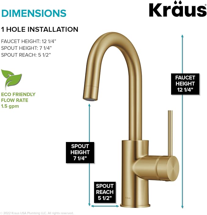 KRAUS Oletto Single Handle Kitchen Bar Faucet with QuickDock Top Mount Assembly in Brushed Brass, KPF-2600BB