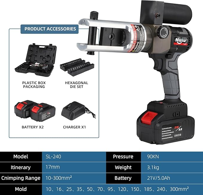 SL-240 90KN Hydraulic Crimping Pliers, Electric Cable Cutter with Large-Capacity Battery 21V/4.0Ah, Handheld Hydraulic Hose Crimping Tool for Commercial Home Use (w/2 Battery & Charger),10-240