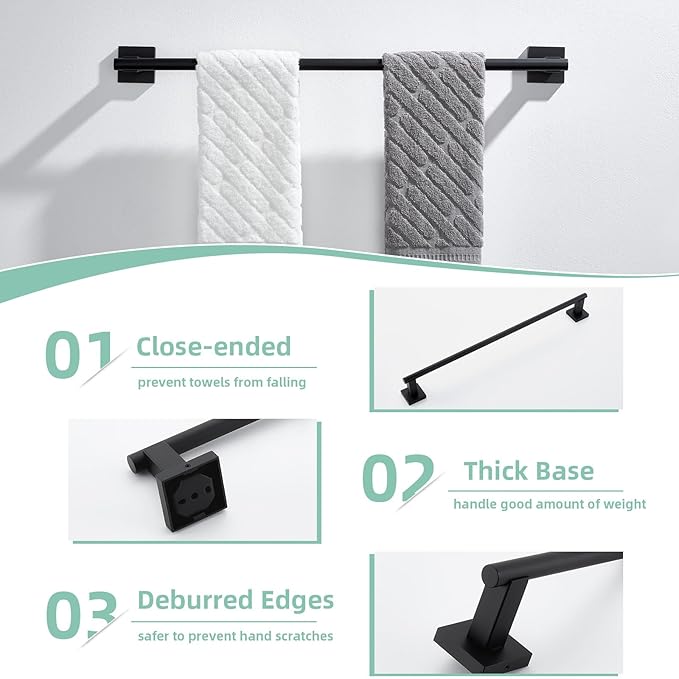 Suyar Matte Black Bathroom Hardware Set, SUS 304 Stainless Steel Bath Accessories Kit 4 PCS, Include Robe Hook, Toilet Paper Holder, Hand Towel Holder, Towel Bar, Wall Mounted