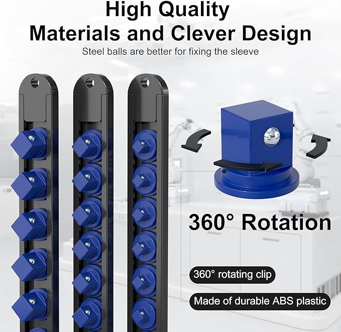 FivePears 3PCS 360° Socket Organizer Twist Lock,3/8 1/4 1/2 Socket Storage Rails, Premium Quality Socket Holders for Tool Box ，Tool Carts，Contains up to 40 Clips (Blue, Red and Black)