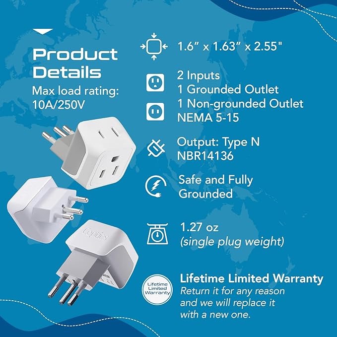 Ceptics Brazil Travel Adapter Plug with Dual Usa Input - Type N (3 Pack - Ultra Compact - Safe Grounded Perfect for Cell Phones, Laptops, Camera Chargers and More - Power Plug (CT-11C)