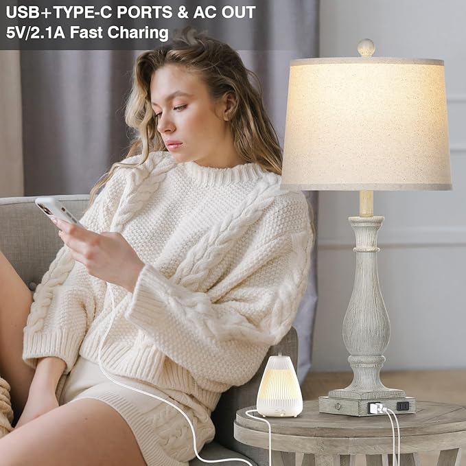 27.5" Farmhouse Table Lamps Set of 2 with USB C+A Ports & AC Outlet for Vintage Living Room Retro Bedroom, 3-Way Dimmable Touch Lamps Resin Bedside Lamps for Nightstand Side End Table, Grey
