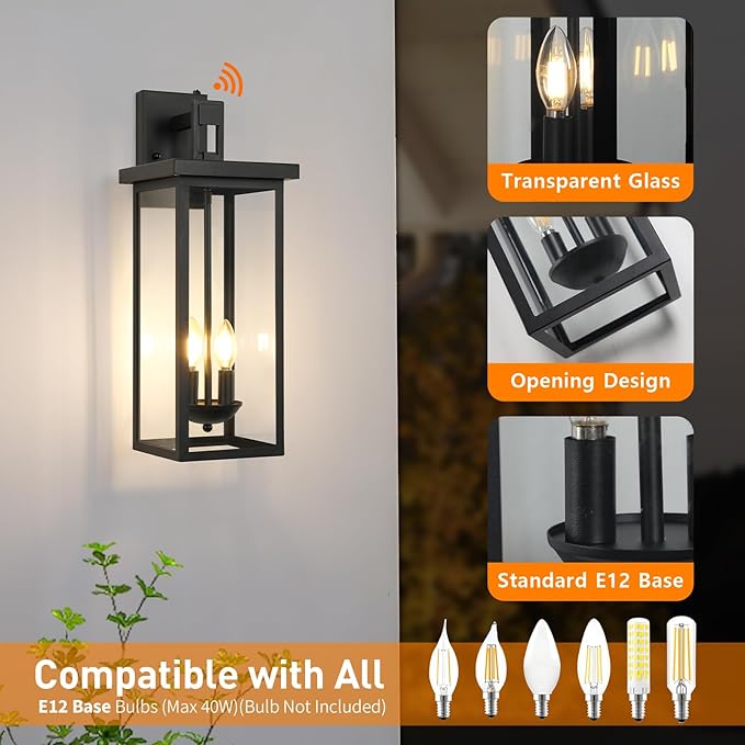 tewei 22 Inch Large Outdoor Wall Lights, Dusk to Dawn Exterior Lighting Fixtures Black Modern Porch Light Outdoor Wall Lantern Sconce Lights for House Garage with Clear Glass Shade, E12 Base, 2 Pack