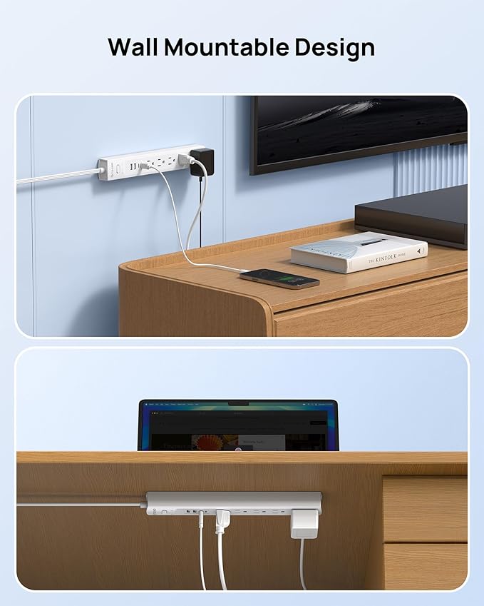 TROND Surge Protector Power Strip with 360° Rotating Flat Plug, 5 Widely Spaced Outlets with 2 USB C and 2 USB A, 1440J Surge Protector, Wall Mountable, Extension Cord 6ft for Home Office Dorm, White