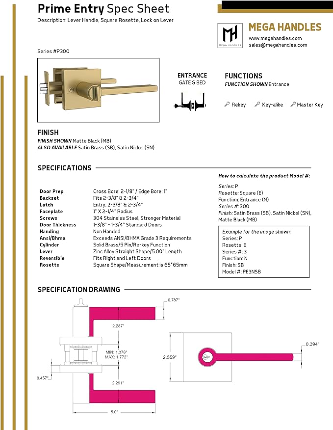 Mega Handles - Prime Entrance Handle, Entry Lever Door Handle, Heavy Duty Square Locking Lever Set for Left or Right-Handed Doors, Interior/Exterior Door Levers - Satin Nickel