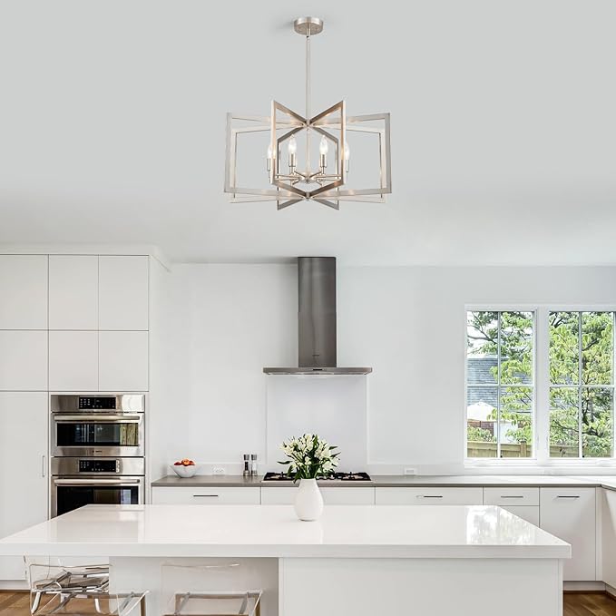 Brushed Nickel Chandelier 8-Light, 26" Large Dining Room Light Fixture Geometric Metal Modern Pendant Hanging Ceiling Lamp for Kitchen Island Living Room Entryway