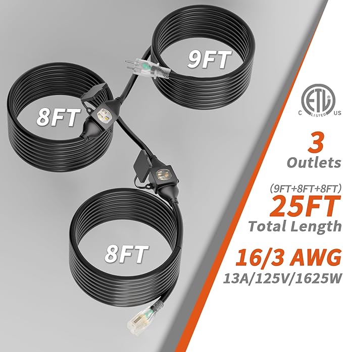 25 FT Outdoor Extension Cord with Multiple Outlets, 16/3 Gauge Heavy Duty Christmas Light Extension Cord Evenly Spaced 3 Outlets Black with Lighted, 16AWG 13AMP 1625W 125V SJTW, ETL Listed