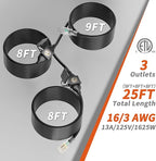 25 FT Outdoor Extension Cord with Multiple Outlets, 16/3 Gauge Heavy Duty Christmas Light Extension Cord Evenly Spaced 3 Outlets Black with Lighted, 16AWG 13AMP 1625W 125V SJTW, ETL Listed