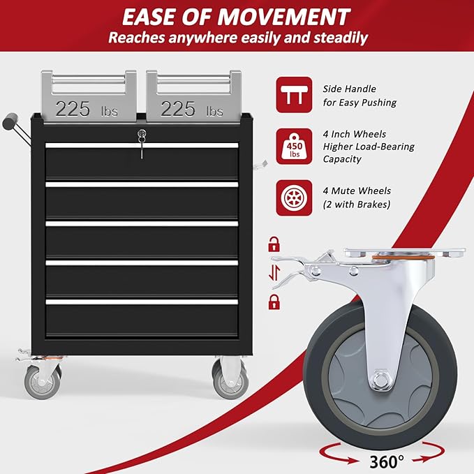 5-Drawers Rolling Tool Chest, Tool Chest with Wheels and Drawers, Rolling Box with Locking System, Tool Box with Wheels for Garage, Warehouse, Workshop (Black, 5 Drawers)