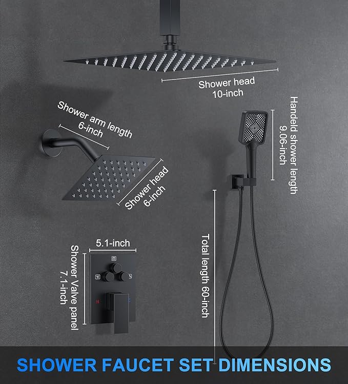 Shower Faucet Set, 10" Ceiling Mount Rainfall Shower System with 10'' Top Head+6'' Side Head and Multi-function Handheld Head Push Button Diverter Shower Faucet Trim Kit Matte Black