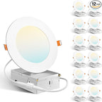Amico 12 Pack 4 Inch 5CCT Ultra-Thin LED Recessed Dimmable Ceiling Light with Junction Box, 2700K/3000K/3500K/4000K/5000K Selectable, 10W Eqv 60W, 800Lumens, High Brightness Downlight - ETL&FCC