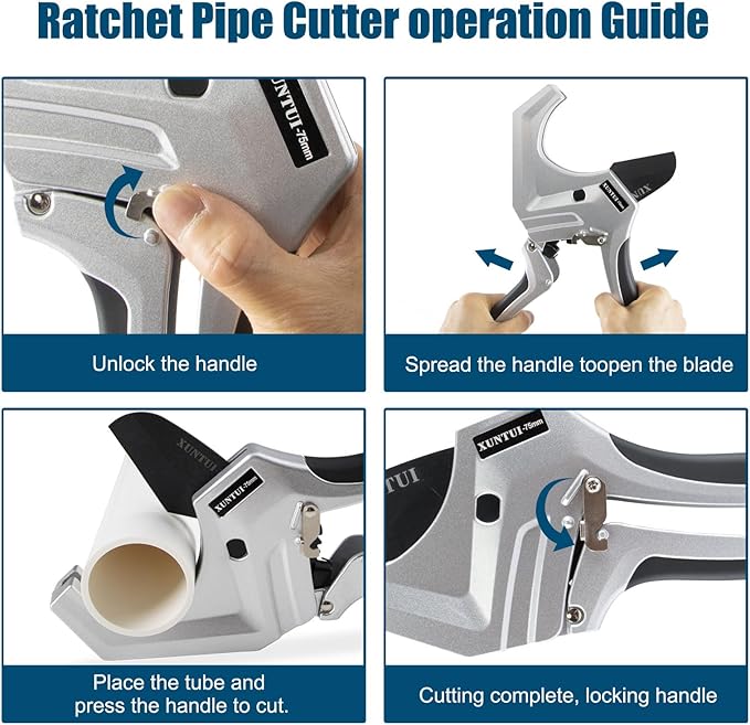 Ratcheting PVC Pipe Cutter - Cuts Up to 3" OD (2" Sch 40/80 Pipe) | SKD5 Steel Blade for Smooth Burr-Free Cut | Professional Plumbing Tools for DIY, Gardening(Silver Gray,75MM)