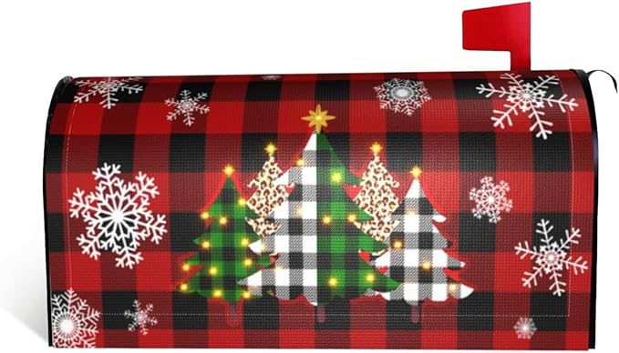 Christmas Tree Mailbox Covers Magnetic Red Black Buffalo Plaid Mailbox Post Cover Winter Snowflakes Post Wrap Standard Size 18 X 21