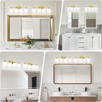 4 Light Gold Light Fixture Bathroom, Brushed Gold Vanity Light with Milky White Frosted Glass Shades, Lights for Bathroom Mirror for Living Room Bedroom Hallway E26 Base