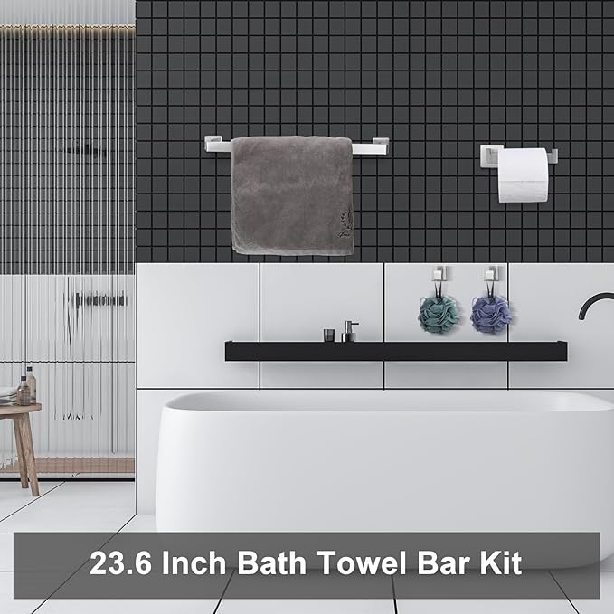 Gisafai 10 Pcs Bathroom Hardware Accessories Set 23.6 Inch Bath Towel Bar Kit Stainless Steel Bathroom Hardware Set Towel Racks Ring Hooks Paper Holder for Wall Mounted (Silver)