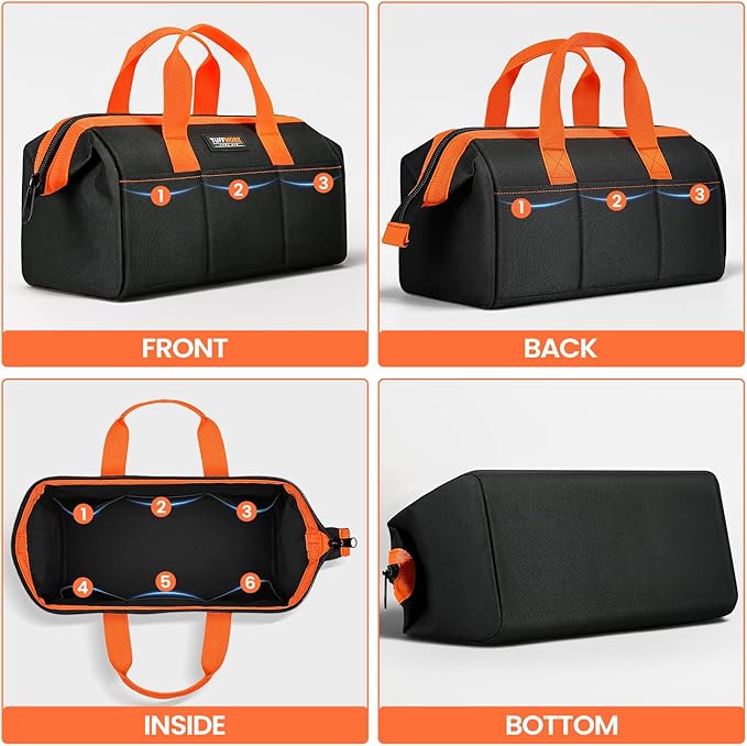 Tool Bag, Large Tool Organizer Bag with 18 Pockets,15.7x 11.4x 9.8 inch, Heavy Duty 600D Fabric, Black and Orange