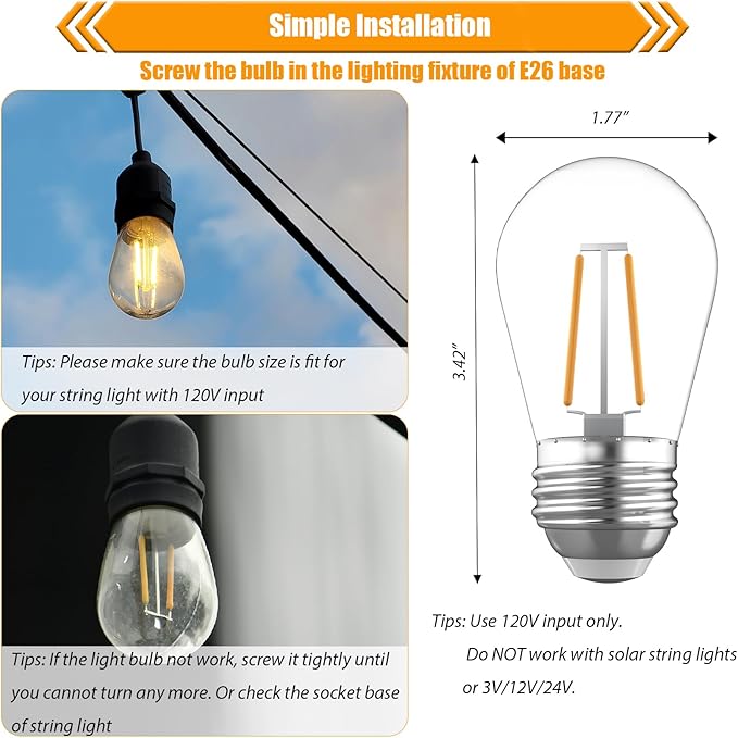 Replacement Bulbs for String Lights, 2W S14 Shatterproof Outdoor LED Light Bulbs, 2700K Soft White, E26 Base, AC120V, Not Dimmable, 30 Pack