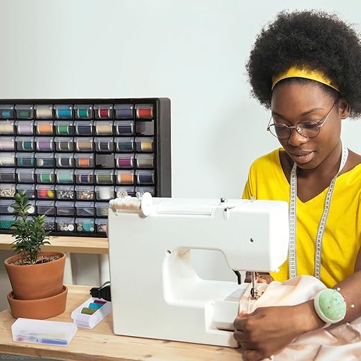Akro-Mils 64-Drawer Plastic Drawer Storage Cabinet for Garage Organization, Bead Organizer, Building Bricks Storage, Teacher Toolbox, Makeup Organizer, 20-Inch W x 6-Inch D x 16-Inch H, 10164 Red
