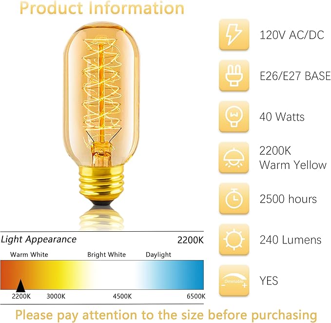 T45 Edison Bulbs 40W, 6 Pack Dimmable Retro Bulbs, 110V-130V, E26 Base Dimmable Decorative Antique Filament Bulbs, Amber Glass, 2200K Warm Yellow Incandescent Bulbs for Home Lighting Decor