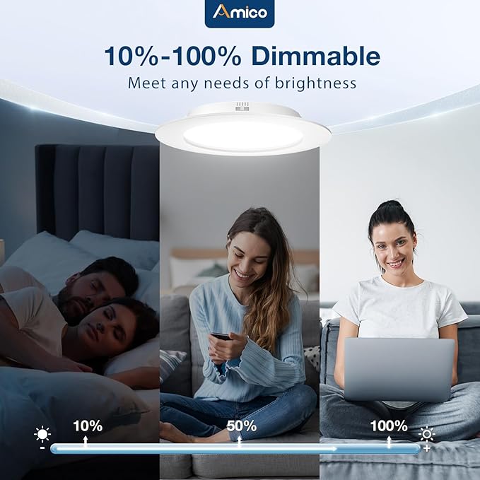 Amico 5/6 inch 5CCT LED Recessed Lighting 48 Pack, Dimmable, IC & Damp Rated, 12.5W=100W, 950LM Can Lights with Baffle Trim, 2700K/3000K/4000K/5000K/6000K Selectable, Retrofit Installation - ETL & FCC