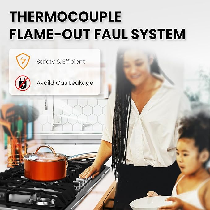 36 Inch Gas Cooktop with Griddle, Propane Stove Top with 5 ITALY SABAF Sealed Burners 41,800BTU, NG/LPG Convertible Built-in Stainless Steel Thermocouple Protection for Rvs Kitchen Outdoor