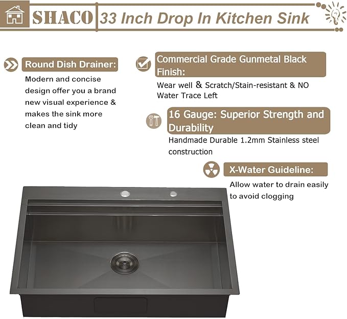 SHACO 33x22 Black Drop In Kitchen Sink, 33 Inch Gunmetal Black Stainless Steel Top Mount Single Bowl Overmount Double Ledges Workstation Sink with Accessories