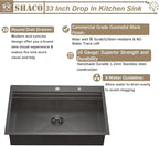 SHACO 33x22 Black Drop In Kitchen Sink, 33 Inch Gunmetal Black Stainless Steel Top Mount Single Bowl Overmount Double Ledges Workstation Sink with Accessories