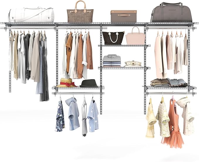 Giantex Closet Organizer System, Wall-mounted Custom Closet Kit w/Adjustable Storage Shelves, Wardrobe Clothes Rack w/Hanging Rods, Perfect for Coats, Pillows, Blanket (Gray, 98.5"x13.5"x48)