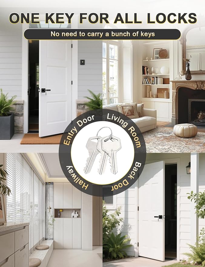 5 Pack Entry Door Levers with Lock and Key, Matte Black Keyed Alike Lockset Combo Pack, Entrance Door Handles for Office and Front Door, Door Knobs Lockset (Each with 3 Keys)