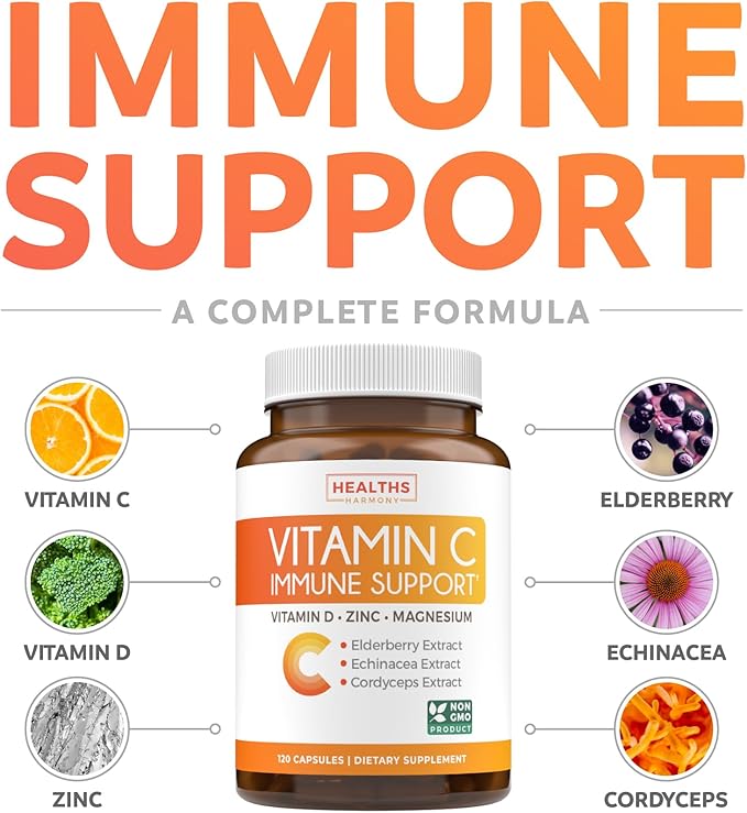 Vitamin C Immune Support Supplement - Immune Boost Blend with Elderberry Vitamin C and Zinc for Daily & Seasonal Support - Magnesium Zinc VIT C & D and Herbal Defense Complex (2 Months Supply)