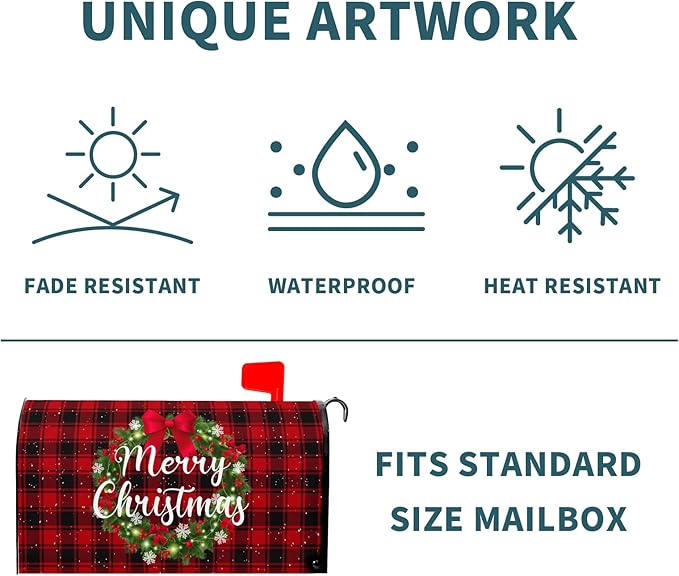 Kawani Merry Christmas Mailbox Covers Magnetic Standard Size 25.5x21 Inch Winter Christmas Wreath Red Black Buffalo Plaid Mailbox Cover Xmas Holiday Wraps Post Box Cover for Garden Yard Decor
