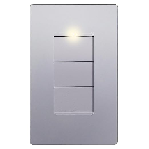 LIDER Minimalist Design Matte Finish Lighted Triple Switch with Screwless Wall Plate, Combination Frameless Decorator Switch with Locator Light, Ground Terminal Single Pole 15A 120V, UL Listed, Silver