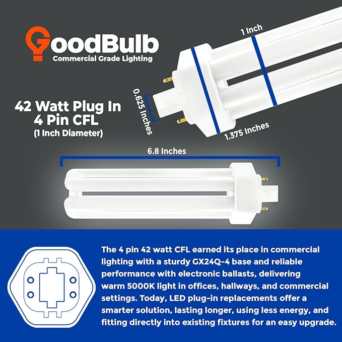 GoodBulb 42 Watt CFL Light Bulbs 4 Pin GX24Q-4 Base 5000K Daylight 42W High Output 3200 Lumens Triple Tube Compact Fluorescent Light Bulbs Plug-in 10 Pack