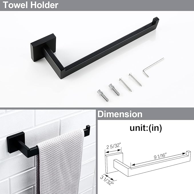 BAGNOLUX Matte Black Bathroom Accessories Set 4 Pieces, Bathroom Towel Holder Set Stainless Steel, Black Towel Bar Towel Racks for Bathroom Wall Mounted, Square Bathroom Hardware Set Heavy Duty