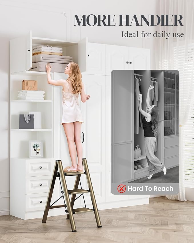 GameGem 3 Step Ladder, Folding Step Stool with Wider Pedal, Anti-Slip Feet & Non Slip Stripes, Aluminum Sturdy Material, 300Lbs Capacity, Elegant Look of Champagne Gold Better Matches Your Home