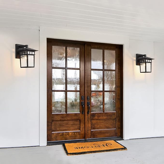 Outdoor Wall Lantern, Exterior Lighting Fixtures Wall Mount, 2 Pack Black Outdoor Sconce with Seeded Glass, Exterior Porch/Patio Lights for House Front Door Garage
