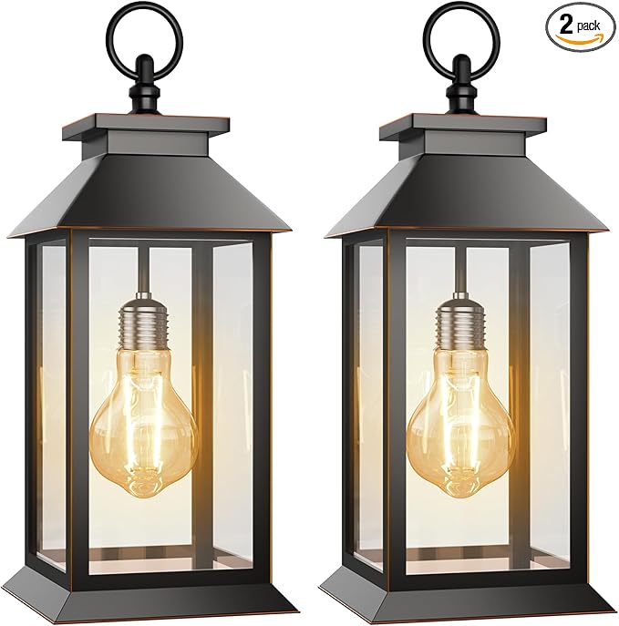 2 Pack Hanging Solar Lanterns Glass Solar Lights Outdoor Waterproof Upgraded Solar and 2 AA Batteries Powered, for Outside Porch, Patio and Indoor Tables, Mantelpiece