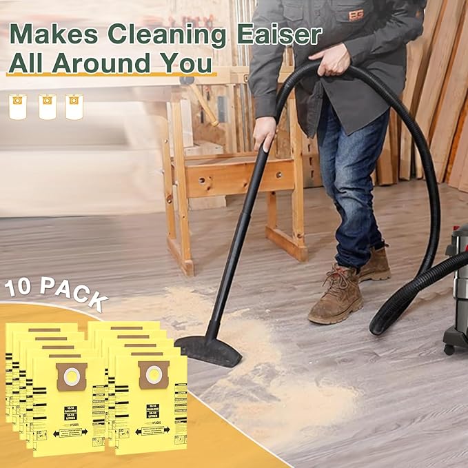 10PCS 10-14 Gallon Vacuum Bags for Shop Vac Bags, Disposable Wet Dry Vaccum Collection Bags Replace Part Type I #90672 9067200, Type F #90662 9066200 9066233, VF2005 (Yellow)